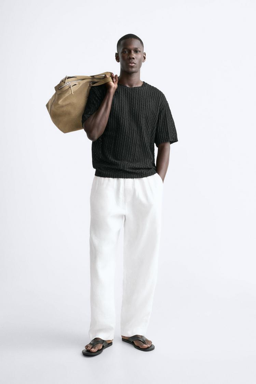 ZARA ФУТБОЛКА ИЗ АЖУРНОГО ТРИКОТАЖА, ЧЕРНЫЙ