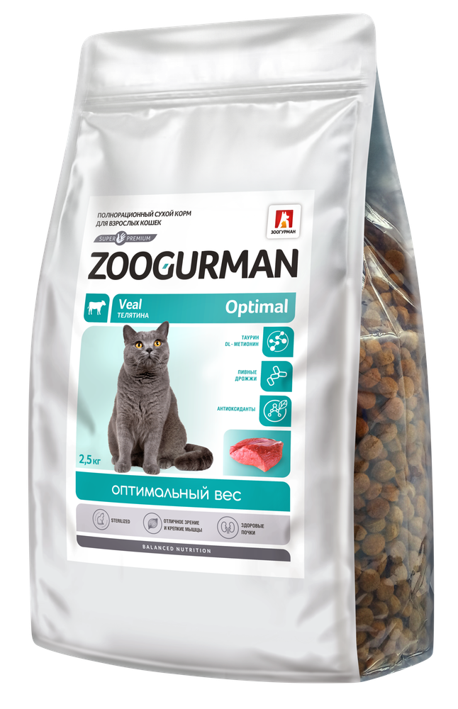 Зоогурман Optimal полнорационный сухой корм для кошек телятина 2,5 кг