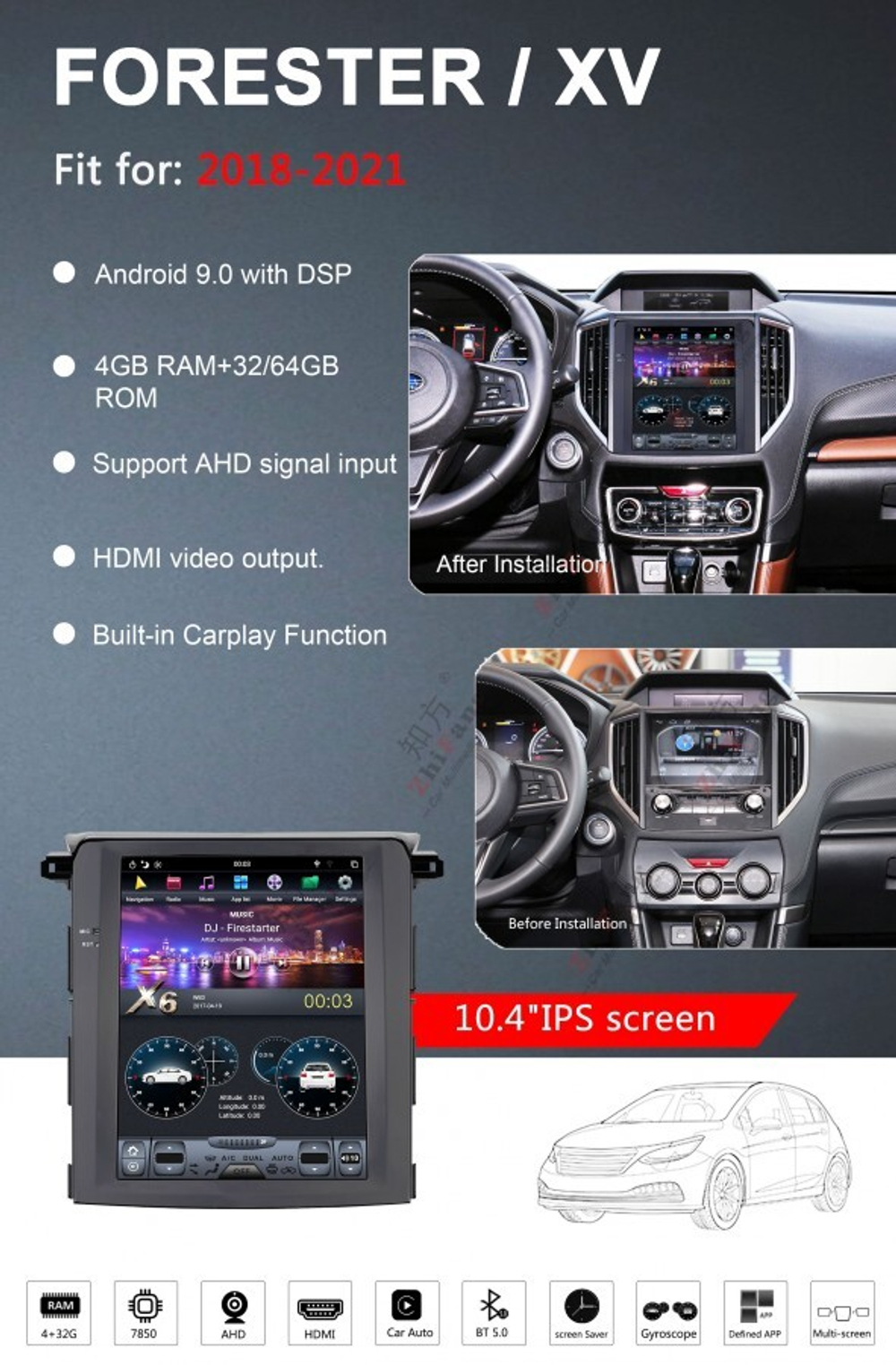 Магнитола для Subaru 2017-2023 Forester 5, XV 2, Impreza 5 - Carmedia ZF-1176-Q6 вертикальный экран в стиле "Тесла" на Android 11, 8Гб+128Гб, CarPlay, 4G SIM-слот