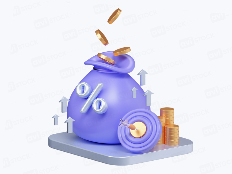 3D денежный мешок с процентом, мишенью и монетами