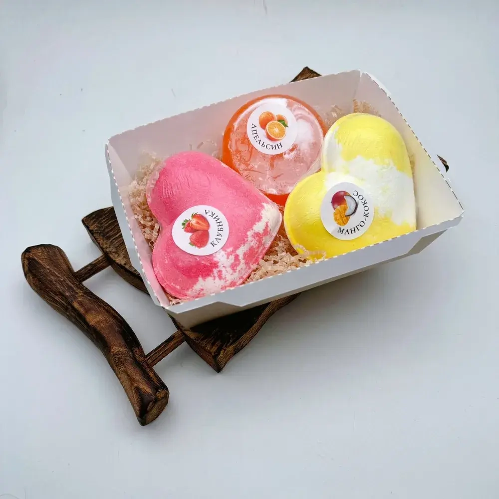 Набор бомбочек "Сердце клубника XL, манго-кокос XL + мыло апельсин