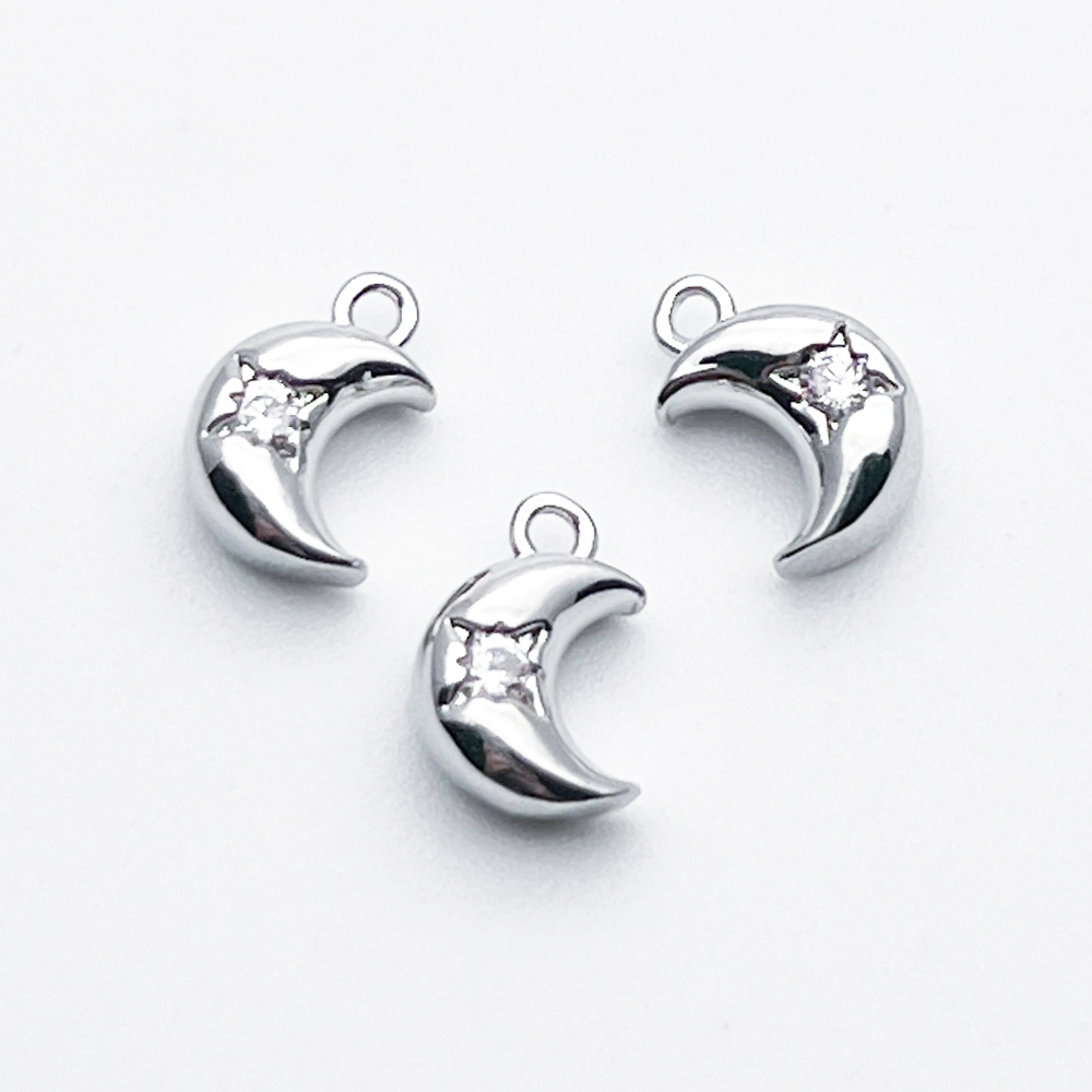 Подвеска Месяц (двухсторонняя!), цвет серебро (родий), фианит, размер 9*6 мм, цена за 1 шт