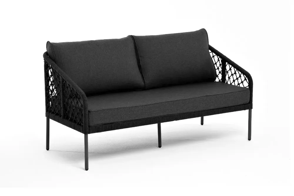 "Канны" диван 2-местный плетеный из роупа (узелки), каркас алюминий темно-серый (RAL7024) муар, роуп темно-серый круглый, ткань темно-серая 027