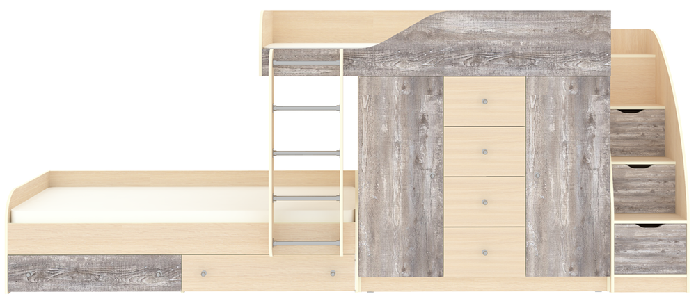 Кровать двухъярусная КарИВи Астра 6 с лестницей Комод КарИВиом  Дуб Молочный Бетон