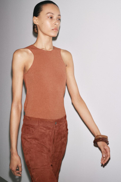 ZARA ТОП ИЗ СМЕСОВОГО ЛЬНА БЕЗ РУКАВОВ, ТЕРРАКОТОВЫЙ