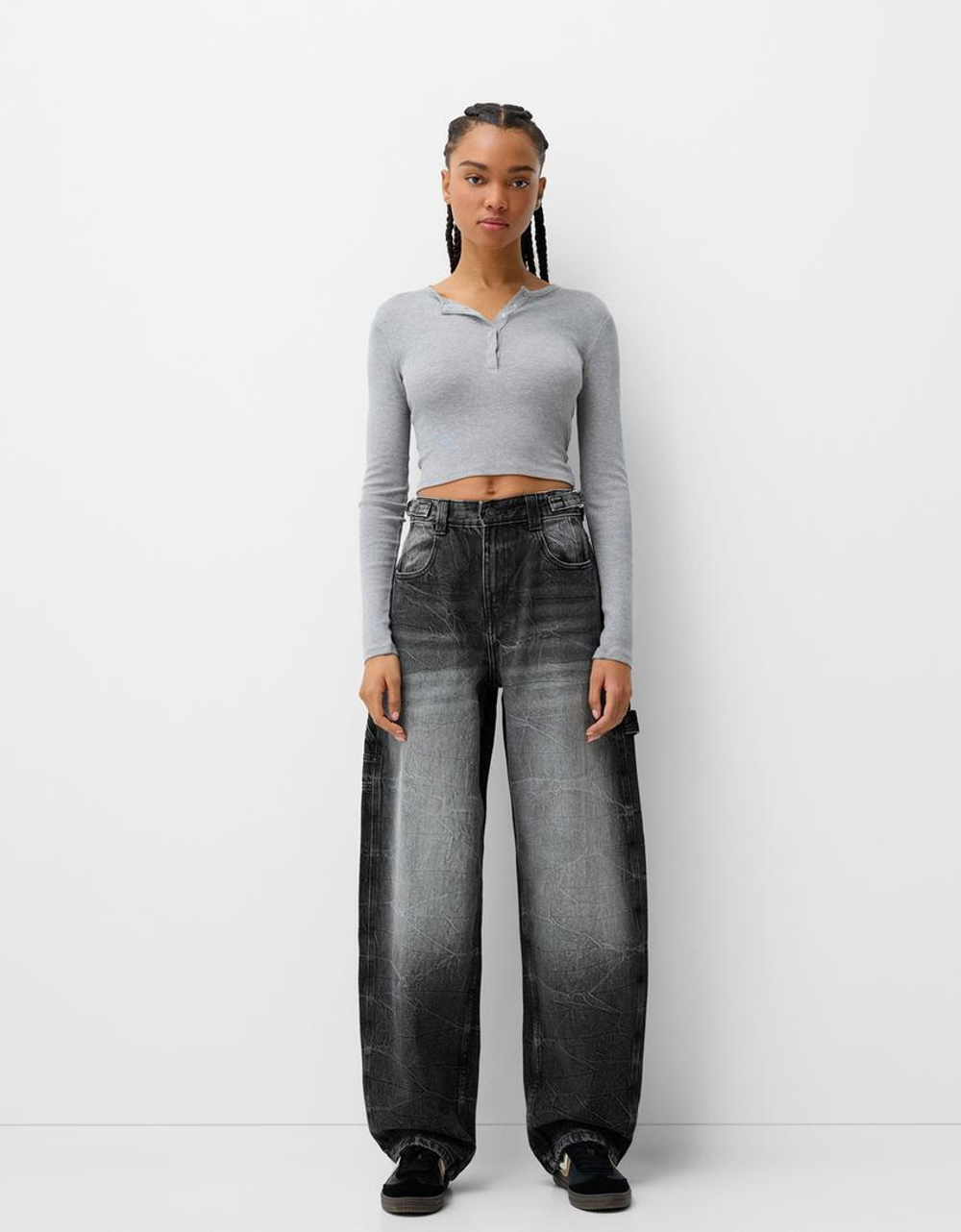 BERSHKA ДЖИНСЫ BALLOON FIT, ЧЕРНЫЙ