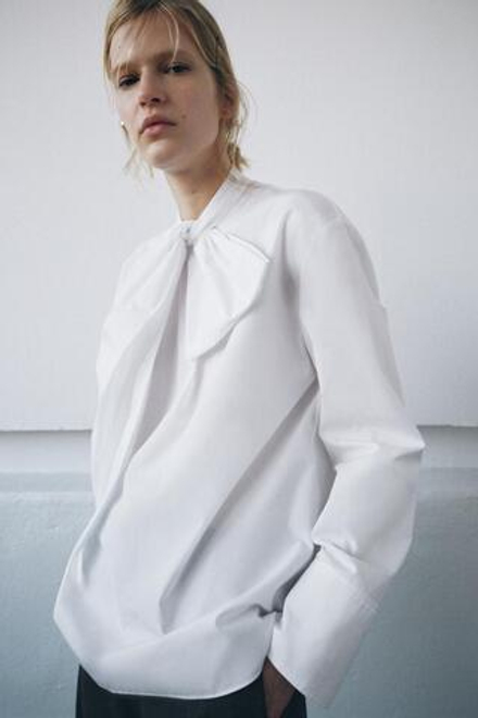 ZARA РУБАШКА ИЗ ПОПЛИНА С ЗАВЯЗКАМИ — ZW COLLECTION, БЕЛЫЙ