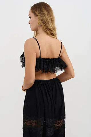 Топ из жатого хлопка черного цвета с кружевом