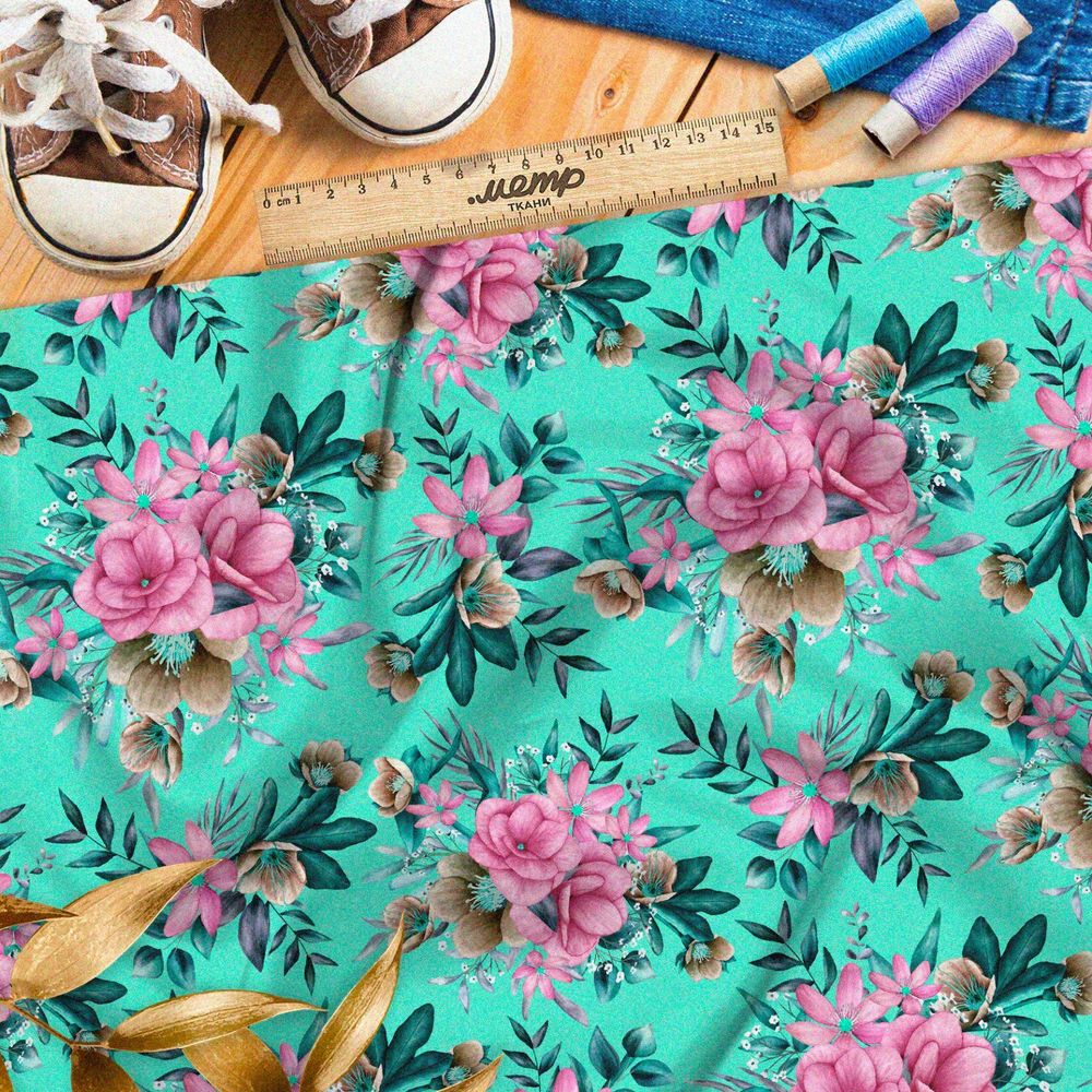 Ткань шифон яркие розовые цветы на бирюзовом фоне