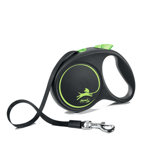 Поводок-Рулетка Флекси Black Design M 5м., 25кг., лента, черный/зеленый