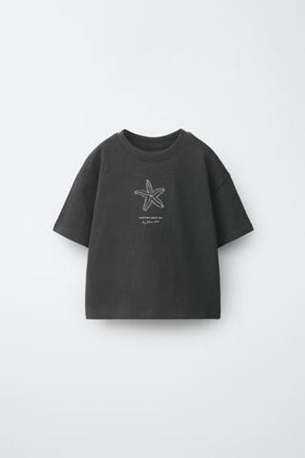 ZARA ФУТБОЛКА С ВЫШИВКОЙ, ТЕМНЫЙ АНТРАЦИТ