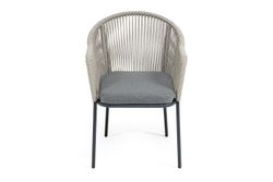 "Лион" стул плетеный из роупа, каркас из стали темно-серый (RAL7024) муар, роуп серый меланж круглый, ткань серая 017
