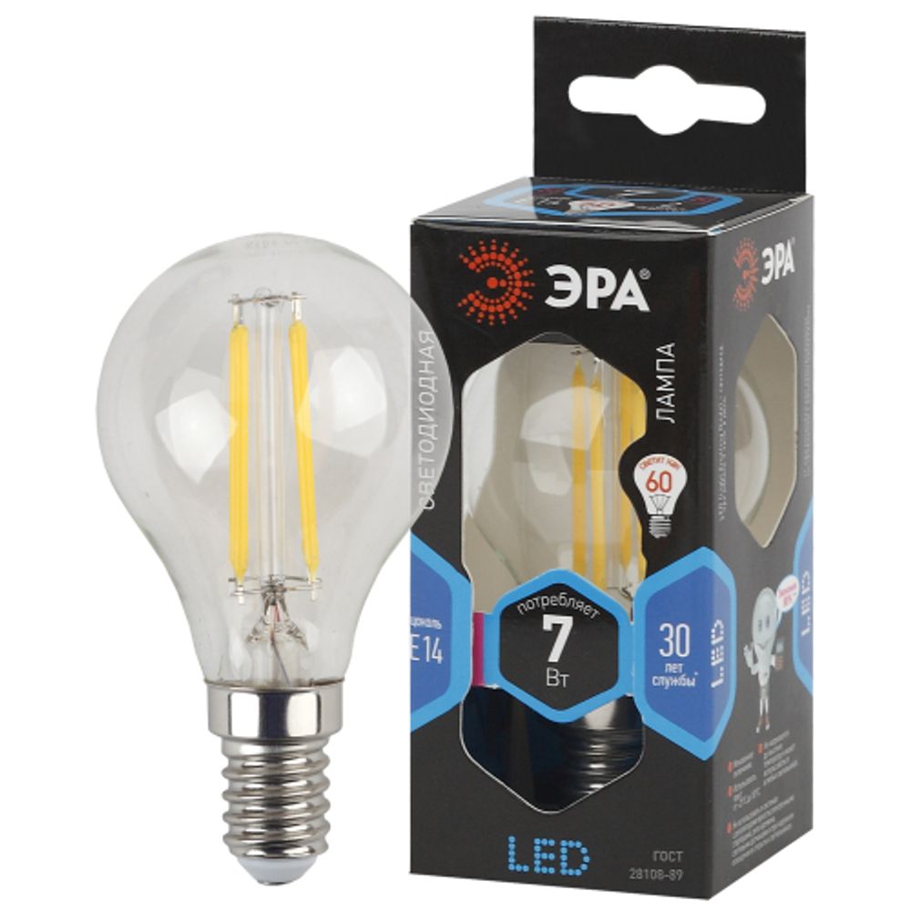 Лампа светодиодная ЭРА F-LED P45-7w-840-E14 E14 / Е14 7 Вт филамент шар нейтральный белый свет | Филаментные декоративные