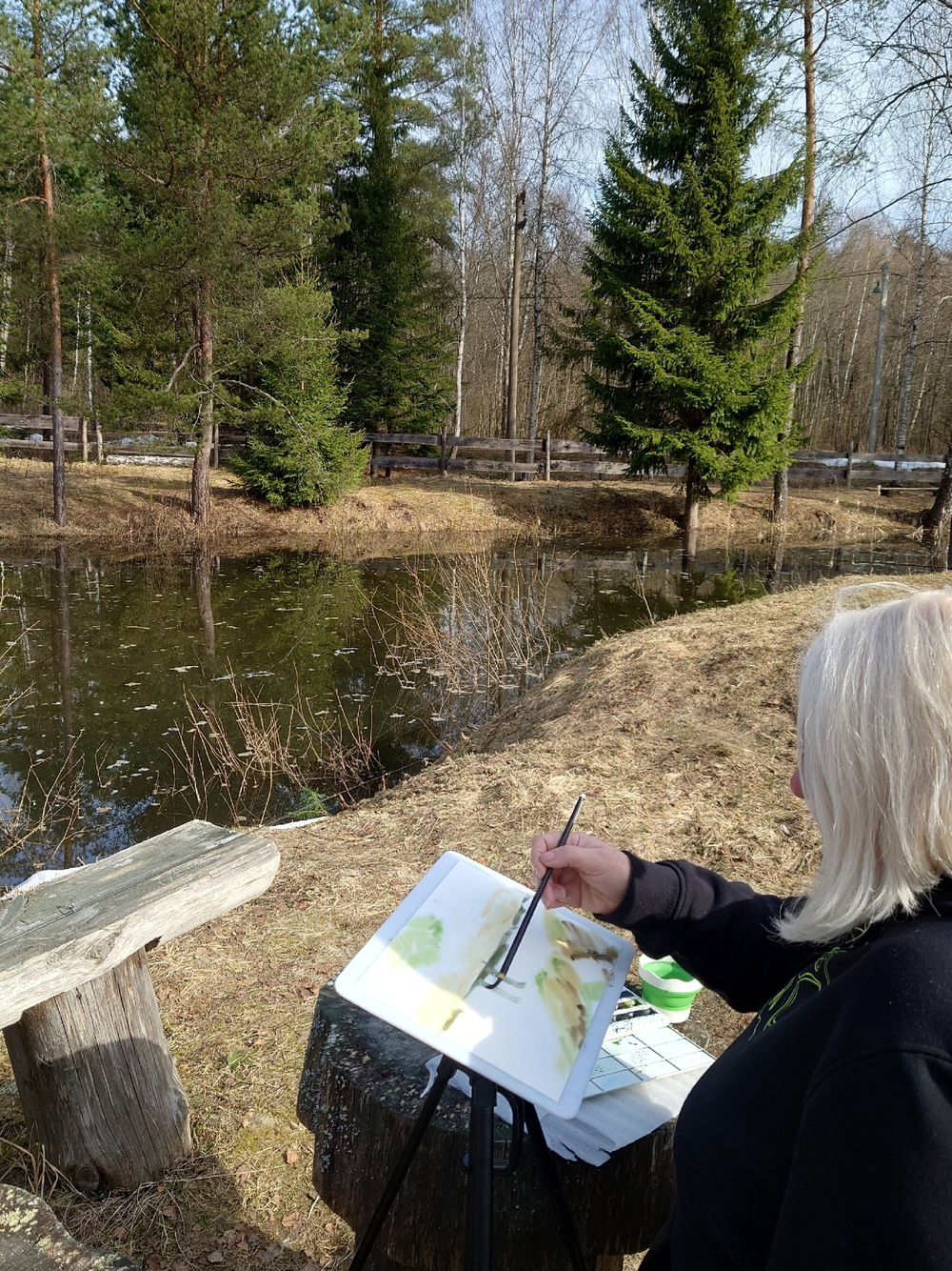 Картина авторская акварельная в паспарту 30х40 см на стену для интерьера "На берегу пруда в Тованово"