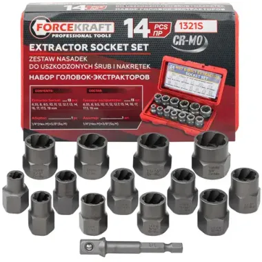 Головки-экстракторы для поврежденных болтов/гаек, набор 14пр. FORCEKRAFT FK-1321S