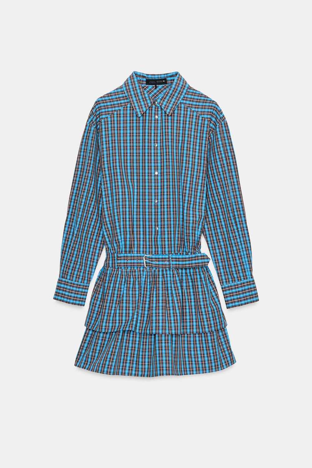 ZARA КОРОТКОЕ ПЛАТЬЕ В КЛЕТКУ С ВОЛАНАМИ И ПОЯСОМ, КОРИЧНЕВО-СИНИЙ