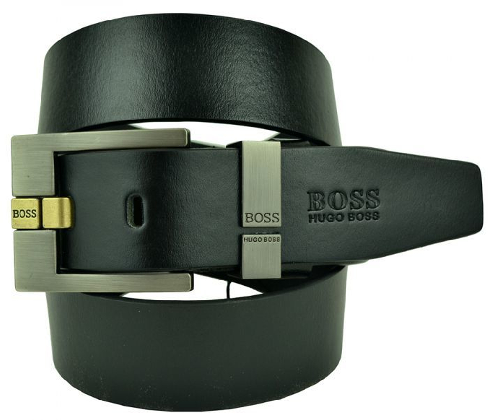 Ремень мужской для джинсов чёрный Hugo Boss (копия) 40 мм с широкой латунной иглой 40brend-KZ-334