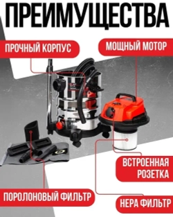 Пылесос строительный Brait BVC-30, промышленный, электрический (1400 Вт, 30 литров, розетка для инструмента,НЕРА фильтр, сухая/влажная уборка)