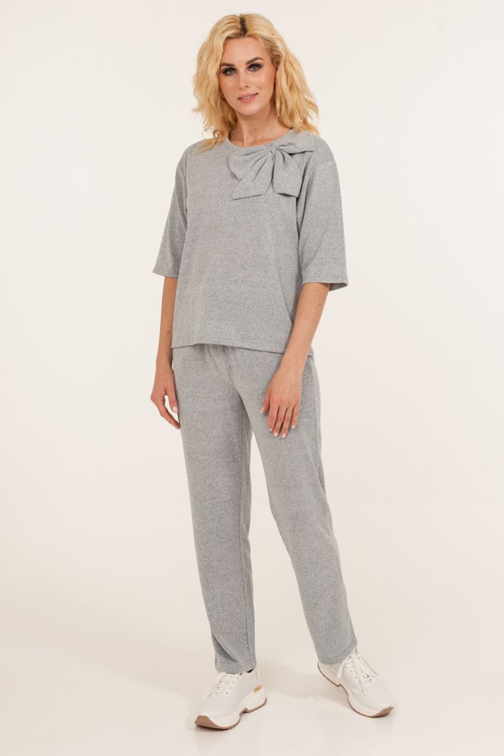 Стильный женский костюм с бантом (Размер: L) (Цвет: голубой)