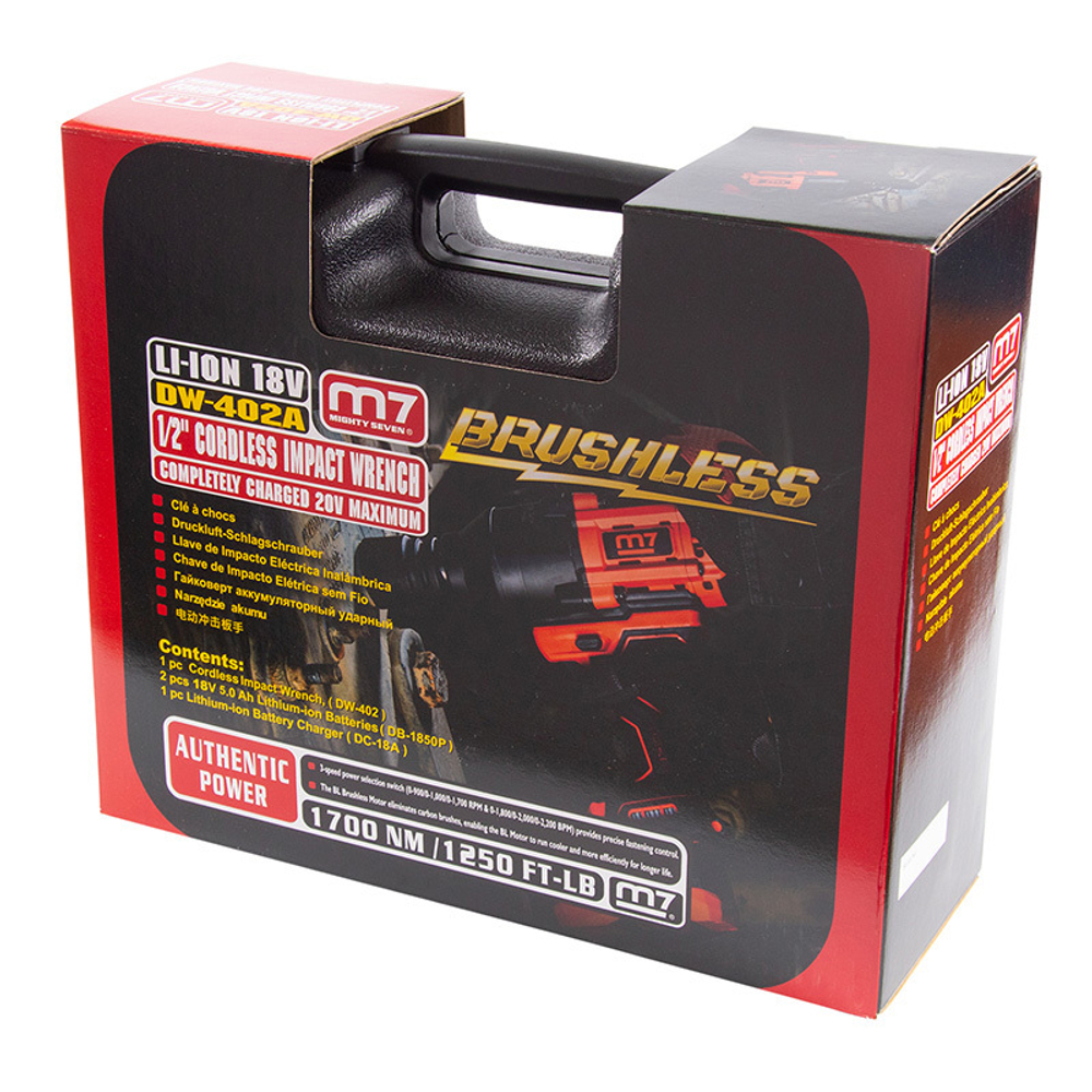 MIGHTY SEVEN (DW-402AL) Гайковерт аккумуляторный ударный 1/2", 1700 Нм, 18 В, кейс, в комплекте фонарь