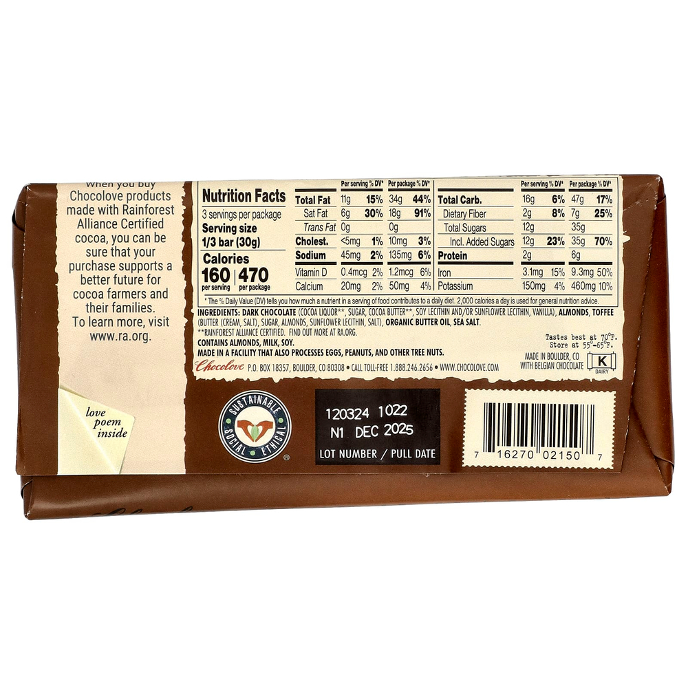 Chocolove, черный шоколад с миндалем, тоффи и морской солью, 55% какао, 90 г (3,2 унции)