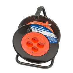 YX10-004 -UCK-4N-2x1.00-20M-S ORANGE-BLACK Удлинитель силовой на пластиковой катушке. б-з. 4 гнезда. 20м ПВС 2х1. 10A. Оранжевый-черный. TМ Uniel