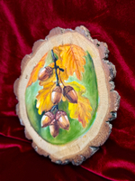 Веточка дуба - картина маслом на срезе дуба с корой | Художница Ефимова Ольга