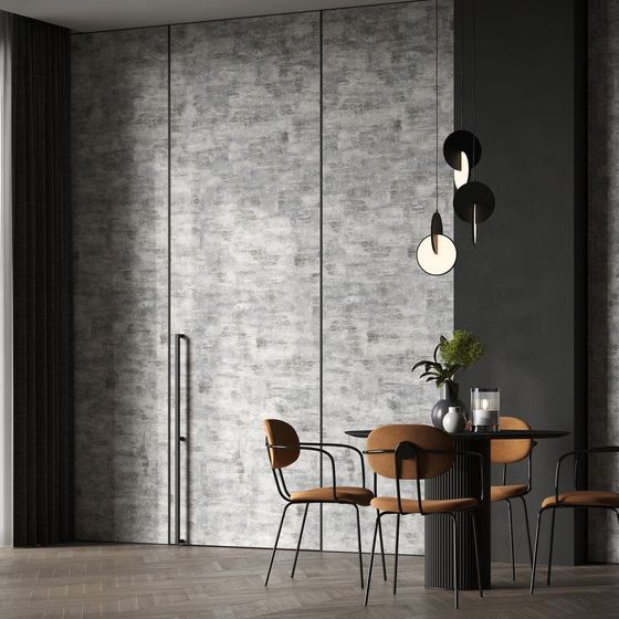 Модель 1AGK кромка чёрная матовая RAL9005 алюминиевая панель бетон старый в коробке INVISIBLE INFINITY в интерьере