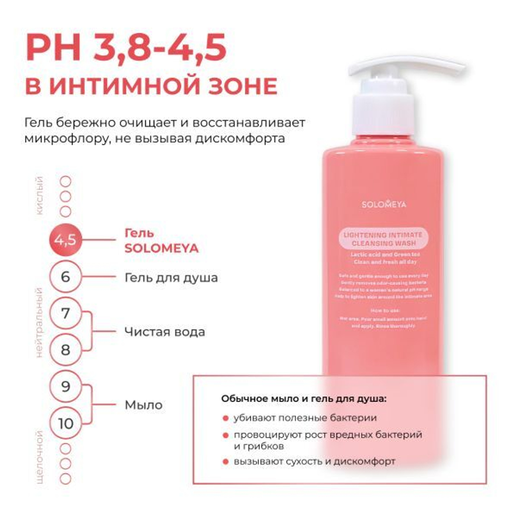 [SOLOMEYA] Гель для интимной гигиены с осветляющим эффектом c молочной кислотой и зелёным чаем 180мл