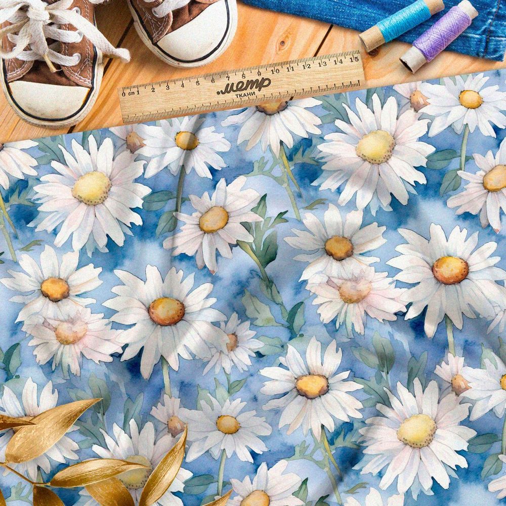 Ткань премиум габардин акварельное ромашковое поле