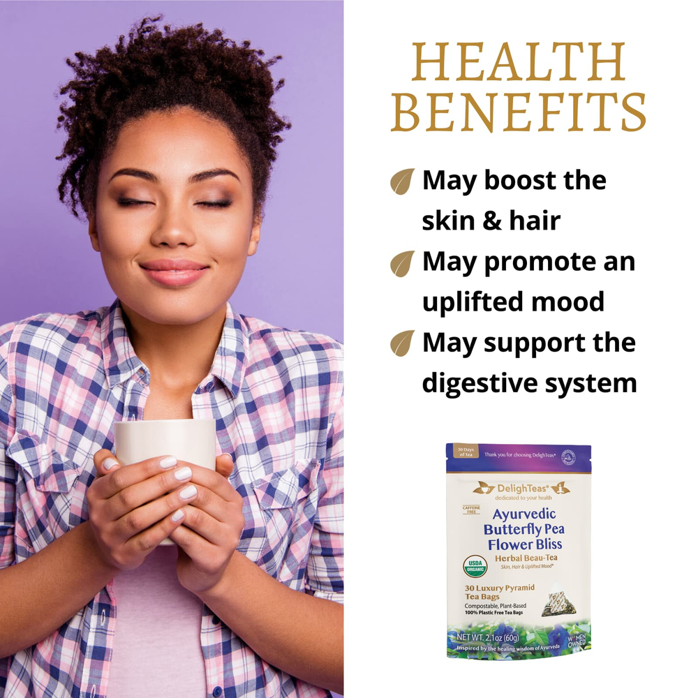 DelighTeas, Ayurvedic Butterfly Pea Flower Bliss, травяной чай, без кофеина, 30 роскошных чайных пакетиков Pyramid, 60 г (2,1 унции)