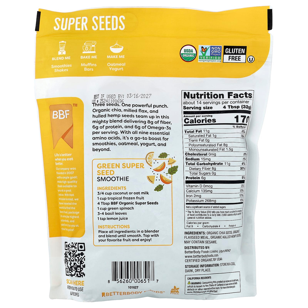 BetterBody Foods, органические суперсемена, 454 г