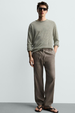 ZARA БРЮКИ RELAXED FIT ИЗ ХЛОПКА И ЛЬНА, СЕРО-КОРИЧНЕВЫЙ