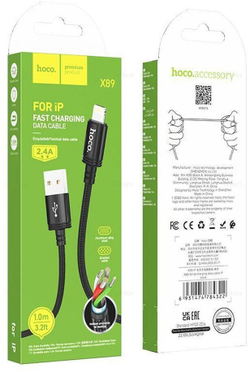 Кабель iPhone Lightning  HOCO X89 Wind, 1м, тканевый, 2.4A черный