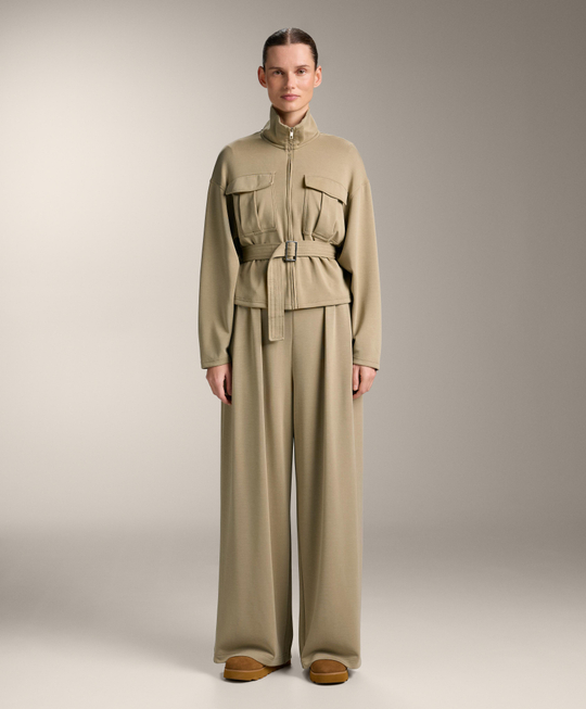 OYSHO Брюки с широкими штанинами и складками на поясе, бежево-зеленый