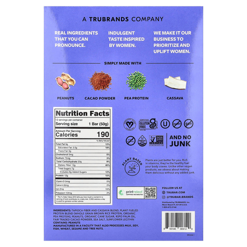 Trubar, протеиновый батончик на растительной основе, нежная помадка и арахисовая паста, 12 батончиков по 50 г (1,76 унции)