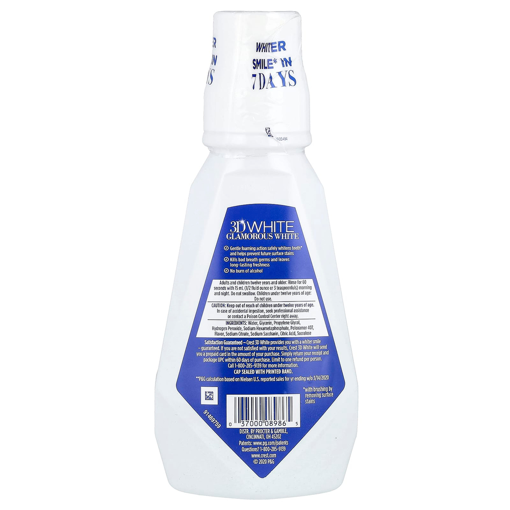 Crest, 3D White, универсальная отбеливающая жидкость для полоскания рта, Glamorous White, арктическая мята, 473 мл (16 жидк. унц.)