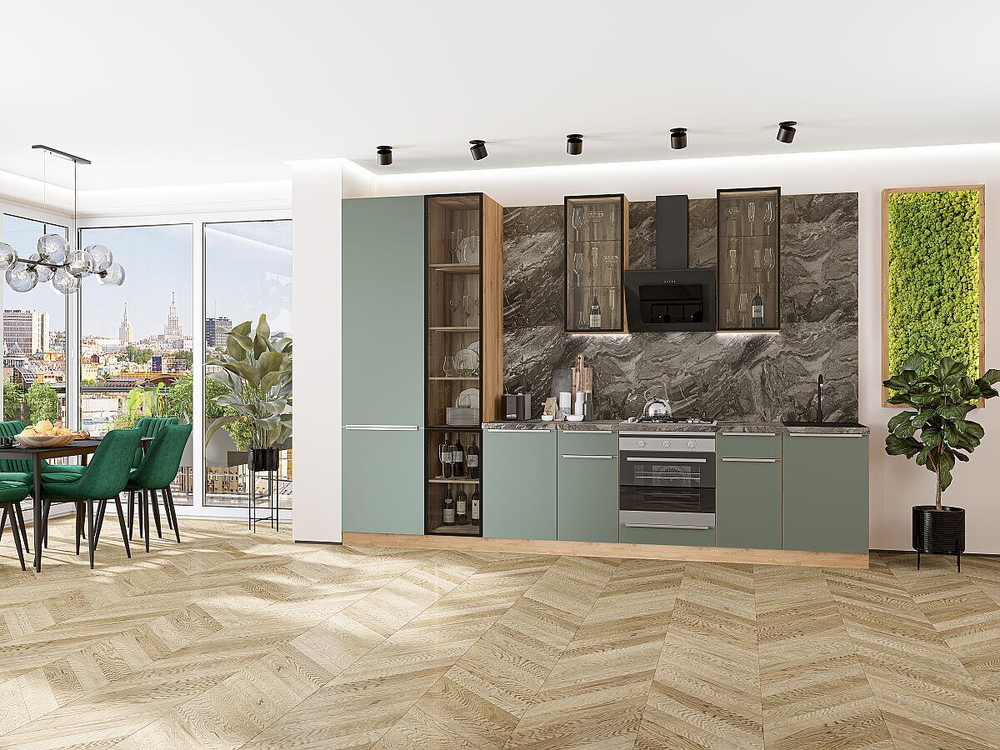 Прямая модульная кухня Фьюжн-08 Silky Mint - Дуб Вотан 2340*3400*600