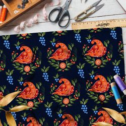 Ткань мембрана красная голубка и ягоды на чёрном фоне