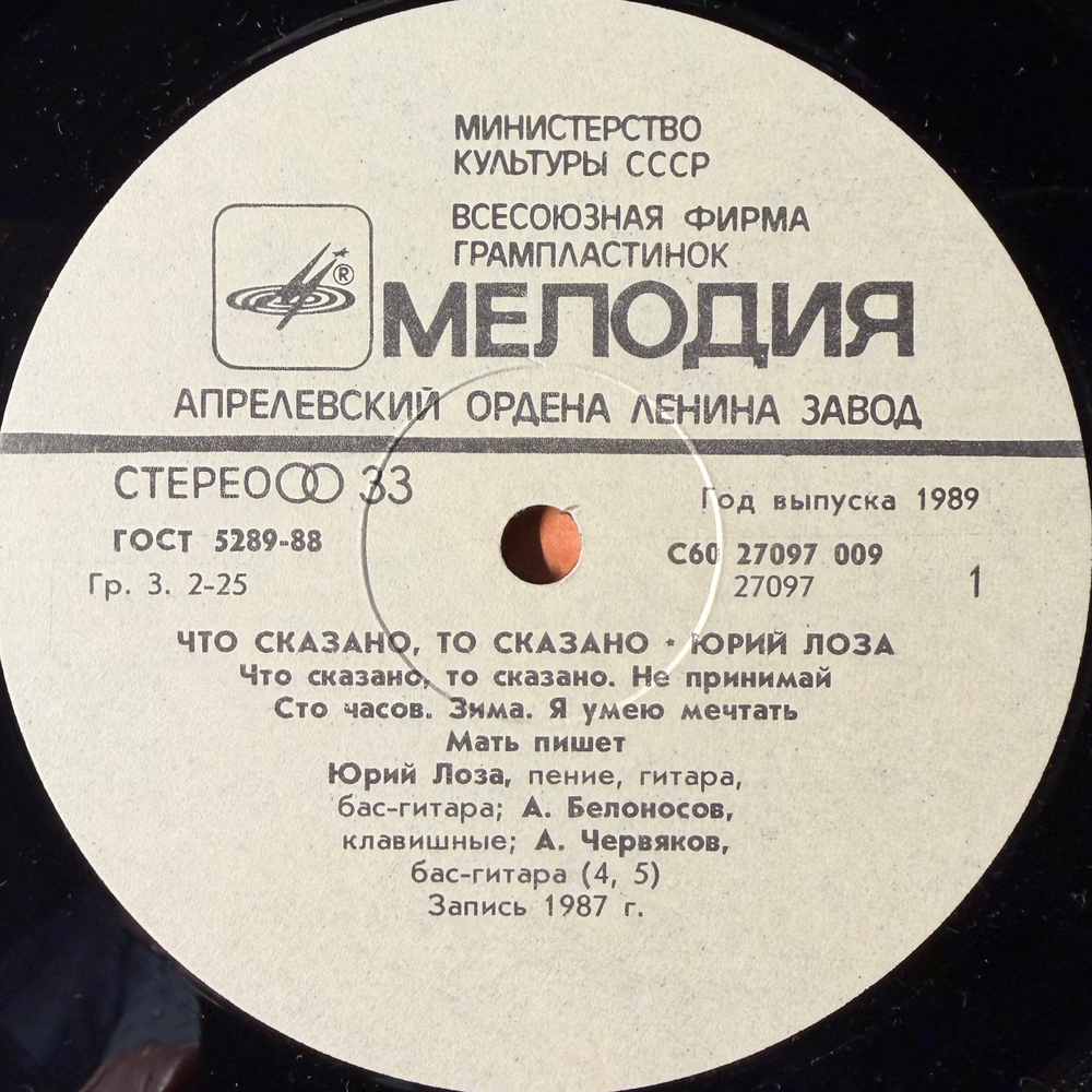Виниловая пластинка Юрий Лоза – Что Сказано, То Сказано (Мелодия) LP