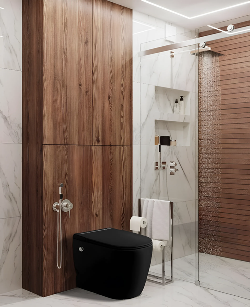 Унитаз SELLA Pulse MB приставной с функцией импульсного смыва, безободковый, чёрный матовый, Ceruttispa CT10199 (580х360х400)