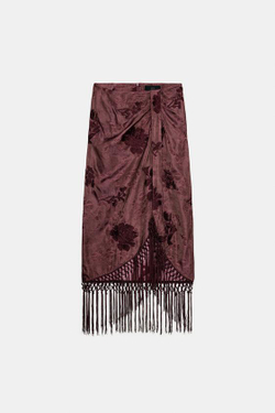 ZARA ЮБКА-ПАРЕО С ВЫШИВКОЙ И БАХРОМОЙ, БУРГУНДИ
