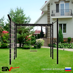 Уличная шведская стенка Sv Sport рукоход с комплектом турник прямой 2шт У5037 (Деревянные/Кронш бокс/Сетка)