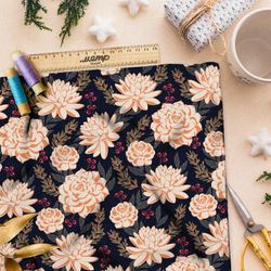 Ткань шифон плотные бежевые розы и хризантемы с тёмной брусникой