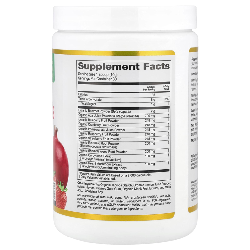 California Gold Nutrition, Superfoods, органические красные суперфуды с порошками из органических ягод асаи, органической черники, органической клюквы и органического граната, смесь ягод, 300 г (10,58 унции)