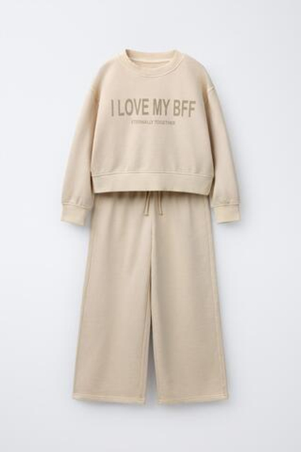 ZARA КОМПЛЕКТ: ТОЛСТОВКА И БРЮКИ WIDE LEG С НАДПИСЬЮ, ЦВЕТ СЛИВОЧНОГО МАСЛА