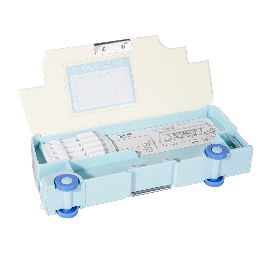 Пенал 2 отделения Alingar, форма - автобус, пластик, точилка, на магнитах, 85 х 210 мм, "Динозавр", голубой (динозаврики на автобусе)