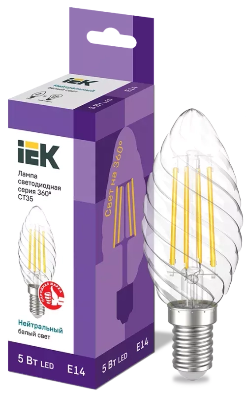 Лампа светодиодная CT35 свеча вит. 5Вт 230В 4000К E14 серия 360° IEK LLF-CT35-5-230-40-E14-CL