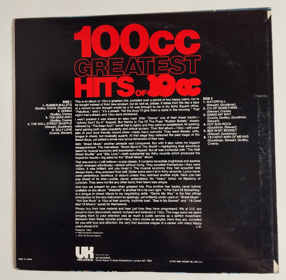 Винтажная виниловая пластинка LP 100cc Greatest Hits Of 10cc (Japan 1975) (No Obi) NM