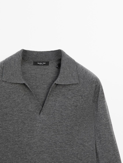 Massimo Dutti Трикотажный свитер из смесовой шерсти с воротником поло, темно-серый